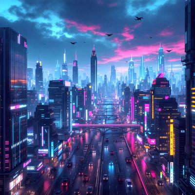 The primary subject of the image is a futuristic cityscape with a large number of buildings, including skyscrapers. The setting is a city at night, with a bridge and a river visible. The visual style is a digital art or illustration, creating a vibrant and colorful atmosphere. The colors and mood are predominantly pink and purple, giving the scene a unique and captivating appearance.